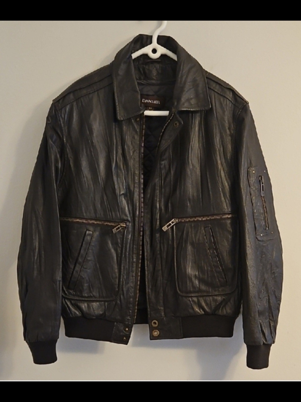 Danier Dark Brown Leather Bomber Jacket with Zip Pockets